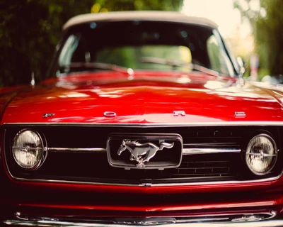 Vista frontal clássica do Ford Mustang com emblema icônico