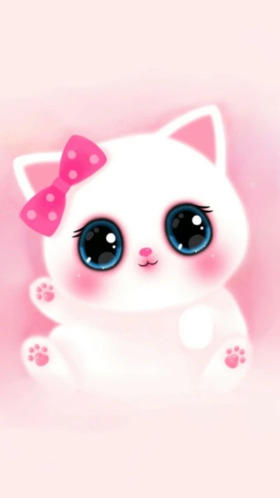 Adorable gato blanco con grandes ojos azules y un lazo rosa sobre un suave fondo rosa.