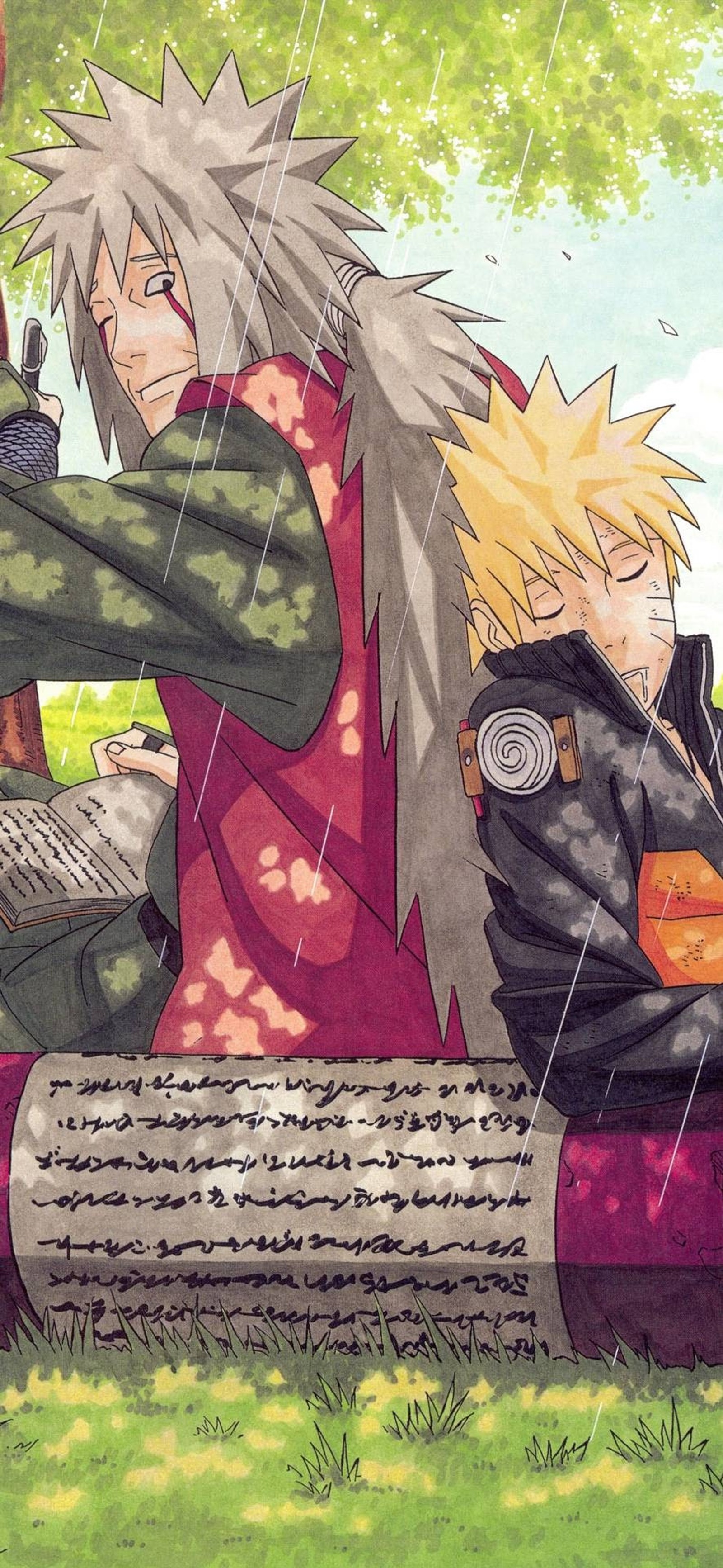 Anime characters sitting on a bench in the rain (jiraya, naruto, ninja)