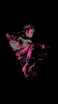 Illustration stylisée d'un guitariste en rose néon de 'The Now Now' de Gorillaz