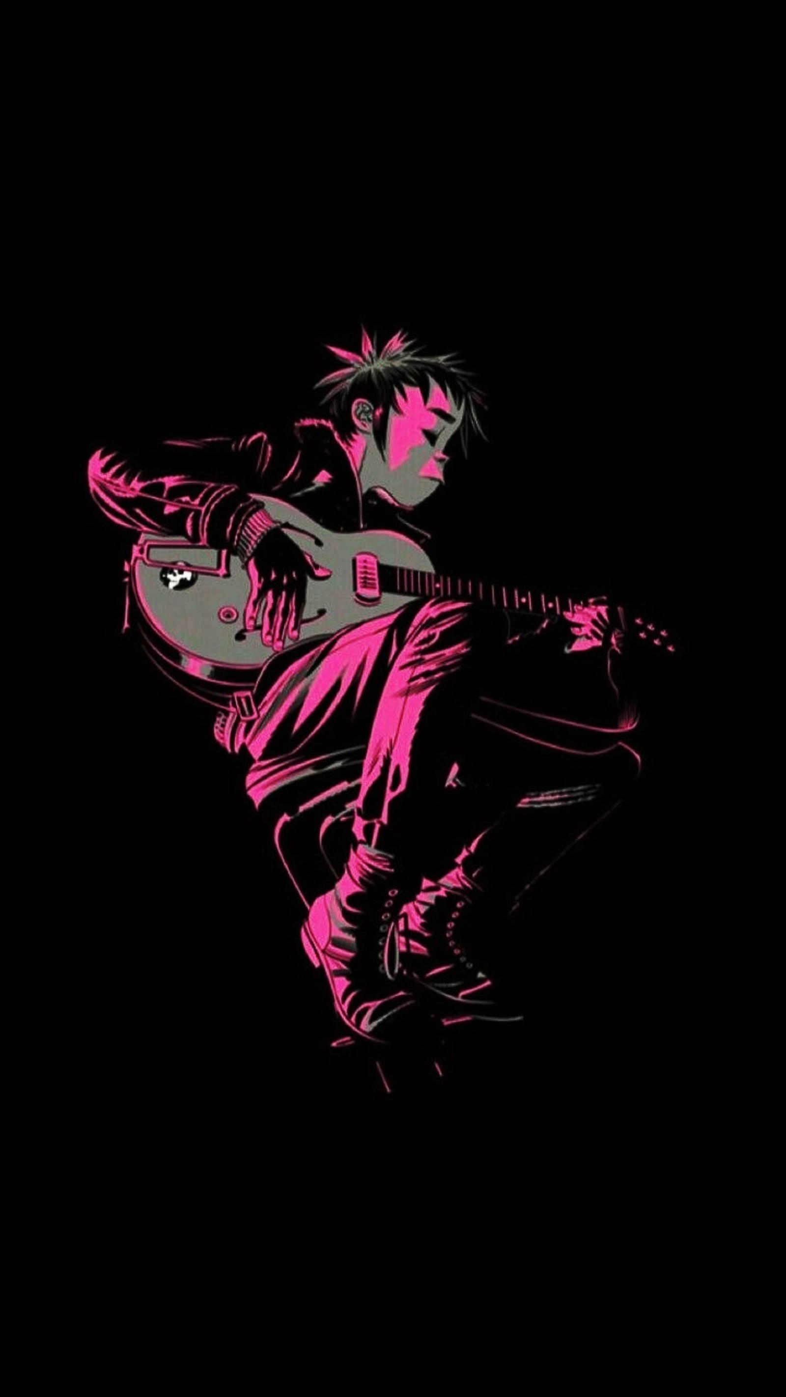 Primer plano de una persona sosteniendo una guitarra en la oscuridad (pintura, gorillaz, the now now)