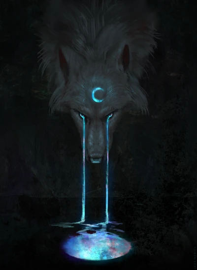 Schwarzer Wolf mit Tränen unter dem Aurora-Mond