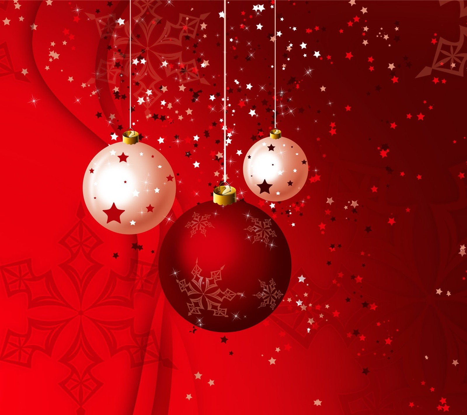 Christmas balls and stars on a red background with snowflakes (abstract, cartoon, designs, drawn, festival)