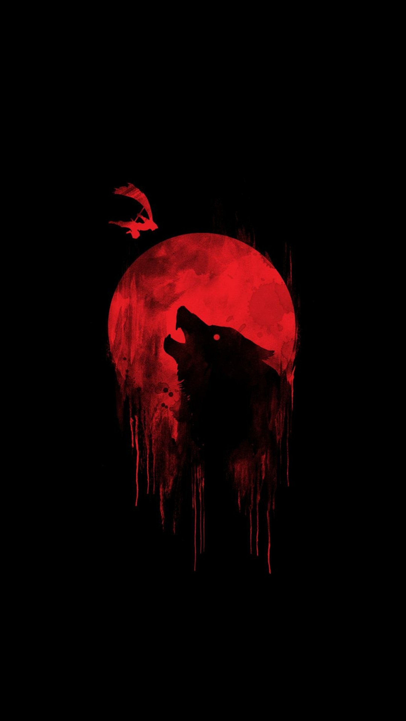 Un primer plano de una persona sosteniendo un cuchillo frente a una luna roja (negro, luna, rojo, lobo)