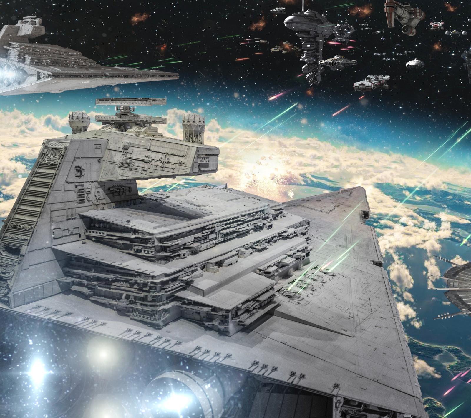 A close up of a star wars scene with a spaceship and a star destroyer (battle, empire, fleet, one, rebel)