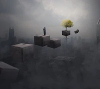 Floating Cubes in a Surreal Galaxy with a Solitary Figure and a Tree