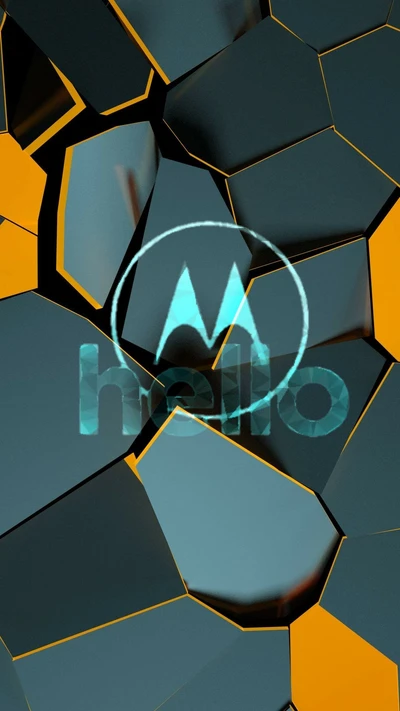 Abstract black and orange geometric pattern featuring the Motorola logo and the word "hello.