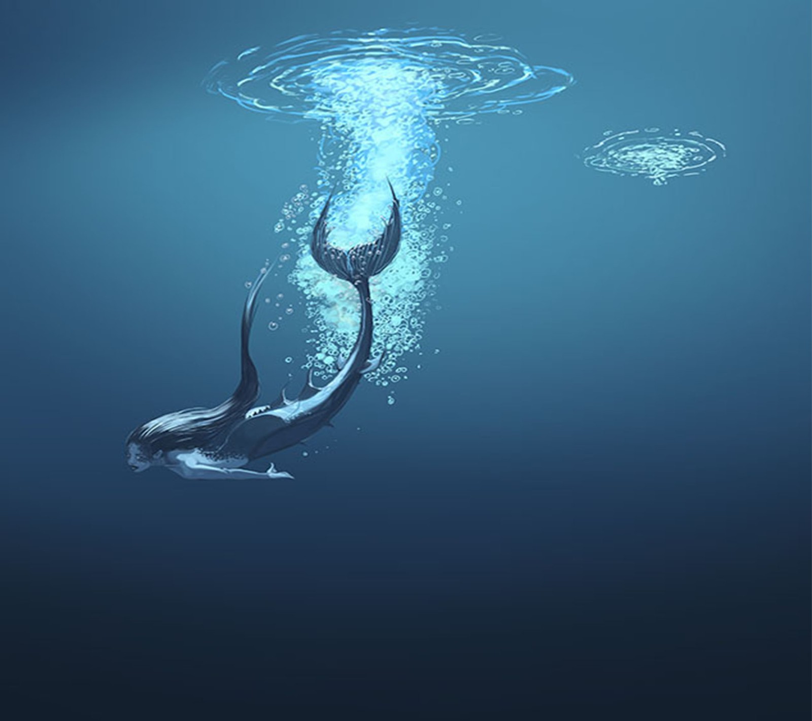 There is a dolphin swimming under the water with bubbles (mermaid, water)