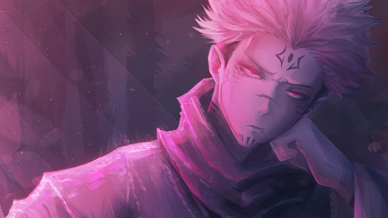 Крупный план человека с розовыми волосами и розовой рубашкой (сукуна, sukuna, jujutsu kaisen, аниме, anime)