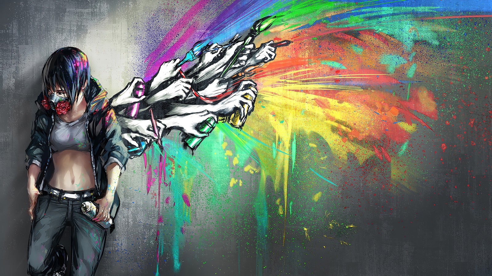 A woman with a colorful dragon on her arm and a rainbow paint splatter (anime girls, anime, graffiti, wall, art)