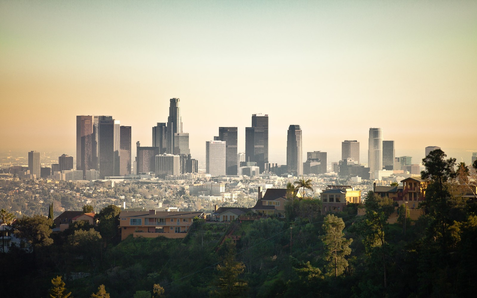 Araffature view of a city skyline with a few buildings (los angeles, cityscape, city, skyline, urban area)