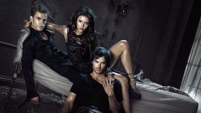 Élégance sombre : Les frères Salvatore et Elena dans une scène captivante de "Vampire Diaries