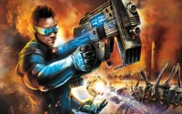 Futuristic hero wielding a high-tech blaster in an explosive action-packed scene.