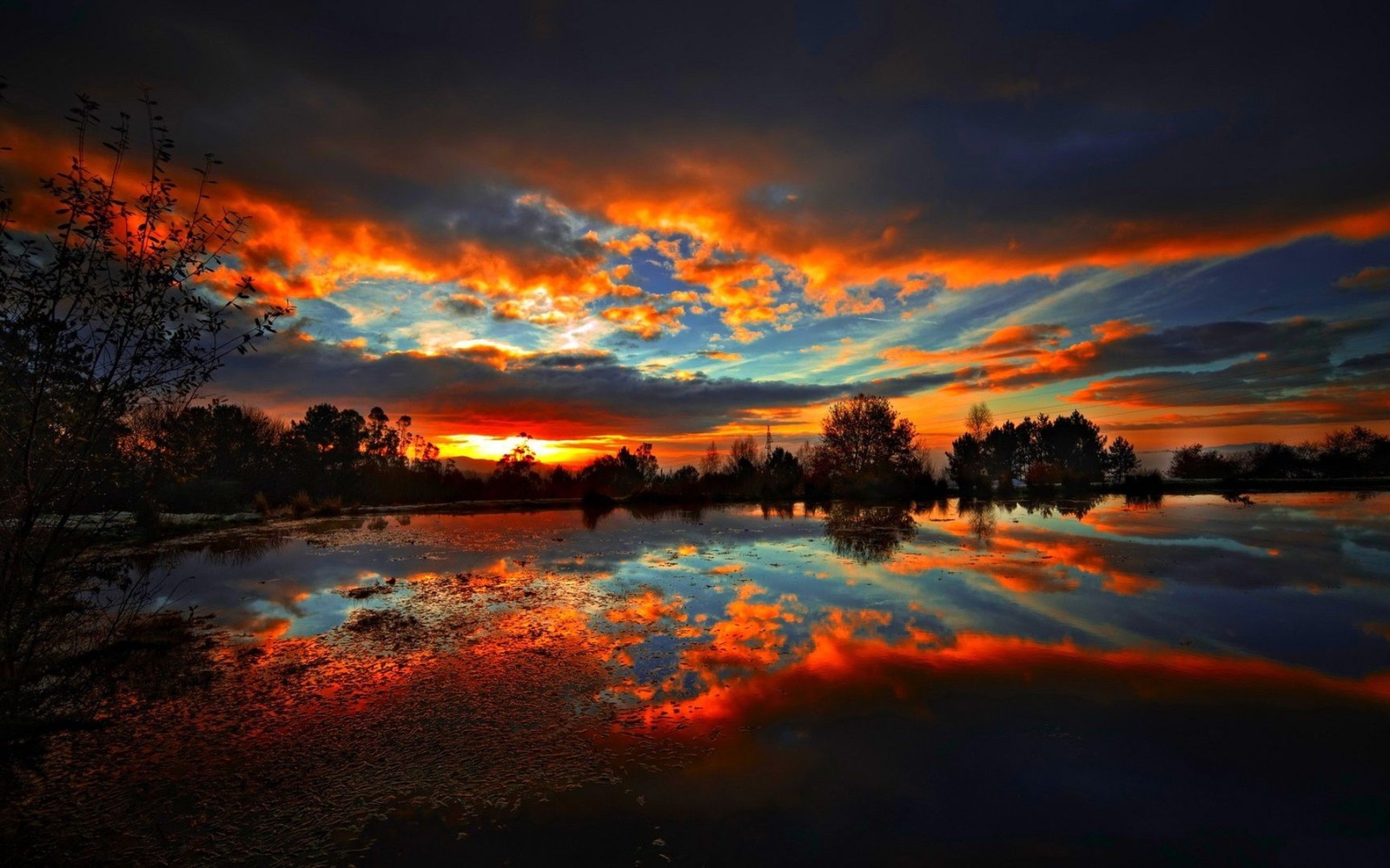 Une vue d'un coucher de soleil se reflétant dans un lac avec des arbres (coucher de soleil, lever de soleil, nuage, eau, atmosphère)