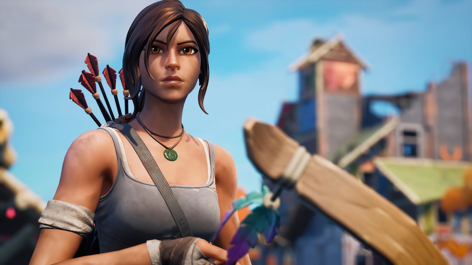 Uma mulher em uma blusa cinza segurando um arco e flechas (lara croft, fortnite, battle royale, jogo de vídeo, capítulo 2)