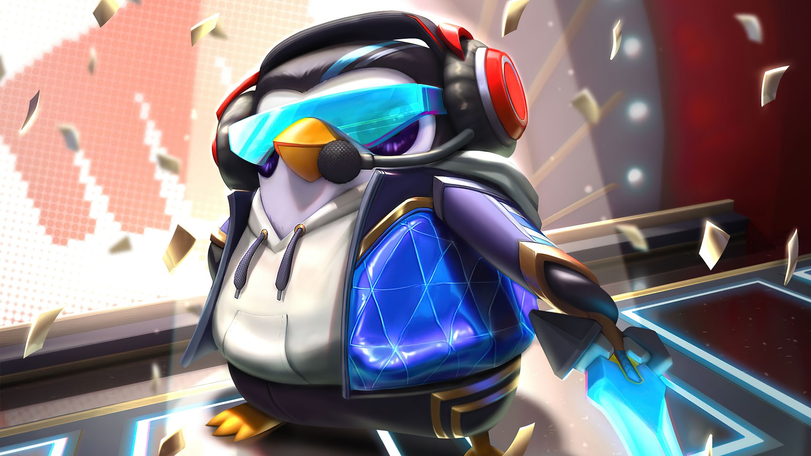 Um close de um pinguim usando fones de ouvido e uma mochila (pinguim, tft, teamfight tactics, jogo de vídeo)