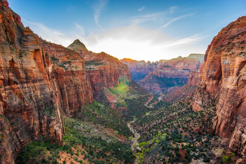 Солнце заходит над каньонами зайон и девы (национальный парк зайон, zion national park, национальный парк, каньон, парк)