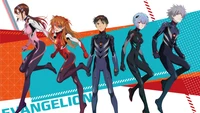 Personnages dynamiques de Neon Genesis Evangelion : Rei, Asuka, Shinji, Kaworu et Mari dans une œuvre d'art saisissante en 4K