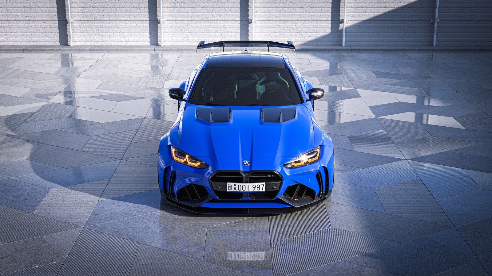 A close up of a blue sports car parked in a garage (blue, bmw m4 competition, 5k, cars, 4k wallpaper)