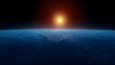 Sunrise over Earth’s horizon in outer space.