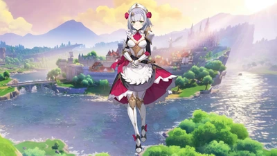 Noelle de Genshin Impact dans un paysage fantastique vibrant.