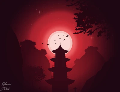 Pagoda roja iluminada por la luna contra un cielo oscuro