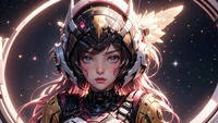 Futuristic Anime Girl in Mecha Suit with Celestial Background