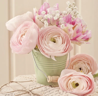 Elegant pink flower bouquet in a vintage green vase, featuring ranunculus and delicate blooms, complemented by a rustic backdrop.