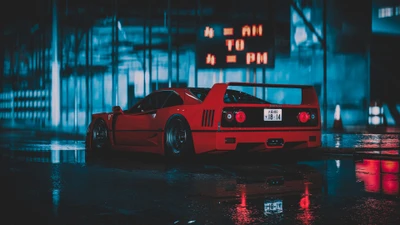 Ferrari F40: Um ícone ousado da excelência dos supercarros em uma paisagem urbana neon.