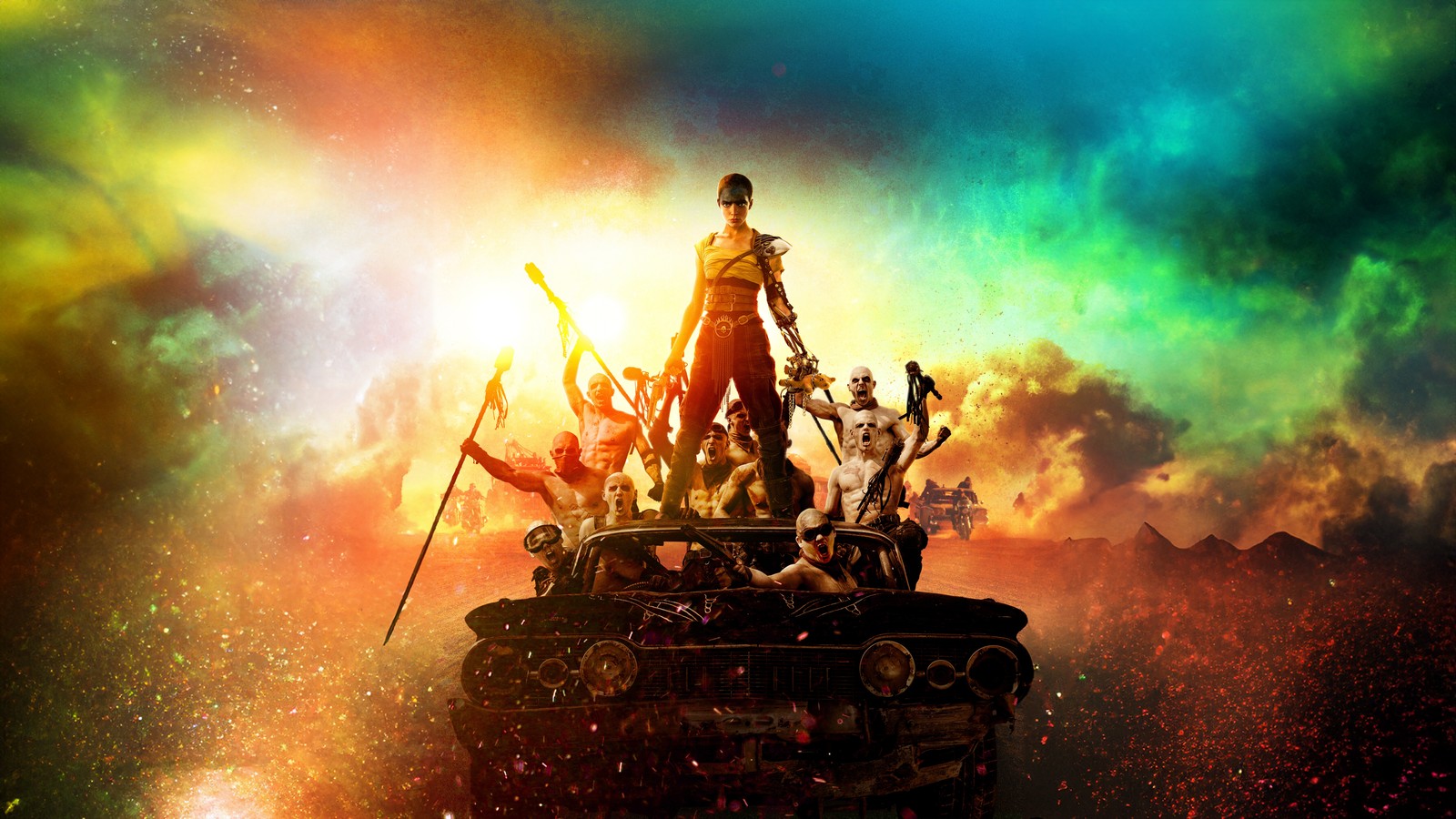 A man standing on top of a tank with a bunch of people (furiosa a mad max saga, movie poster, 8k, 2024 movies, 5k)