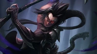 Kayn, el Asesino de Sombras, emerge de la oscuridad con una sonrisa amenazante y un ojo rojo brillante, empuñando su guadaña en medio de un fondo brumoso y ominoso.