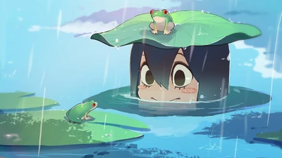 Tsuyu Asui (Froppy) enjoys a serene moment in a rain-soaked pond with frogs on lily pads.