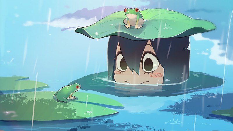 Аниме девушка с лягушкой на листе в воде (цую асуи, tsuyu asui, фроппи, froppy, лягушка)