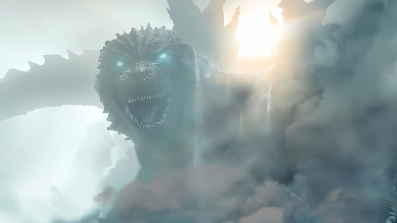 Крупный план годзиллы на фоне неба (годзилла минус один, godzilla minus one, фильм)