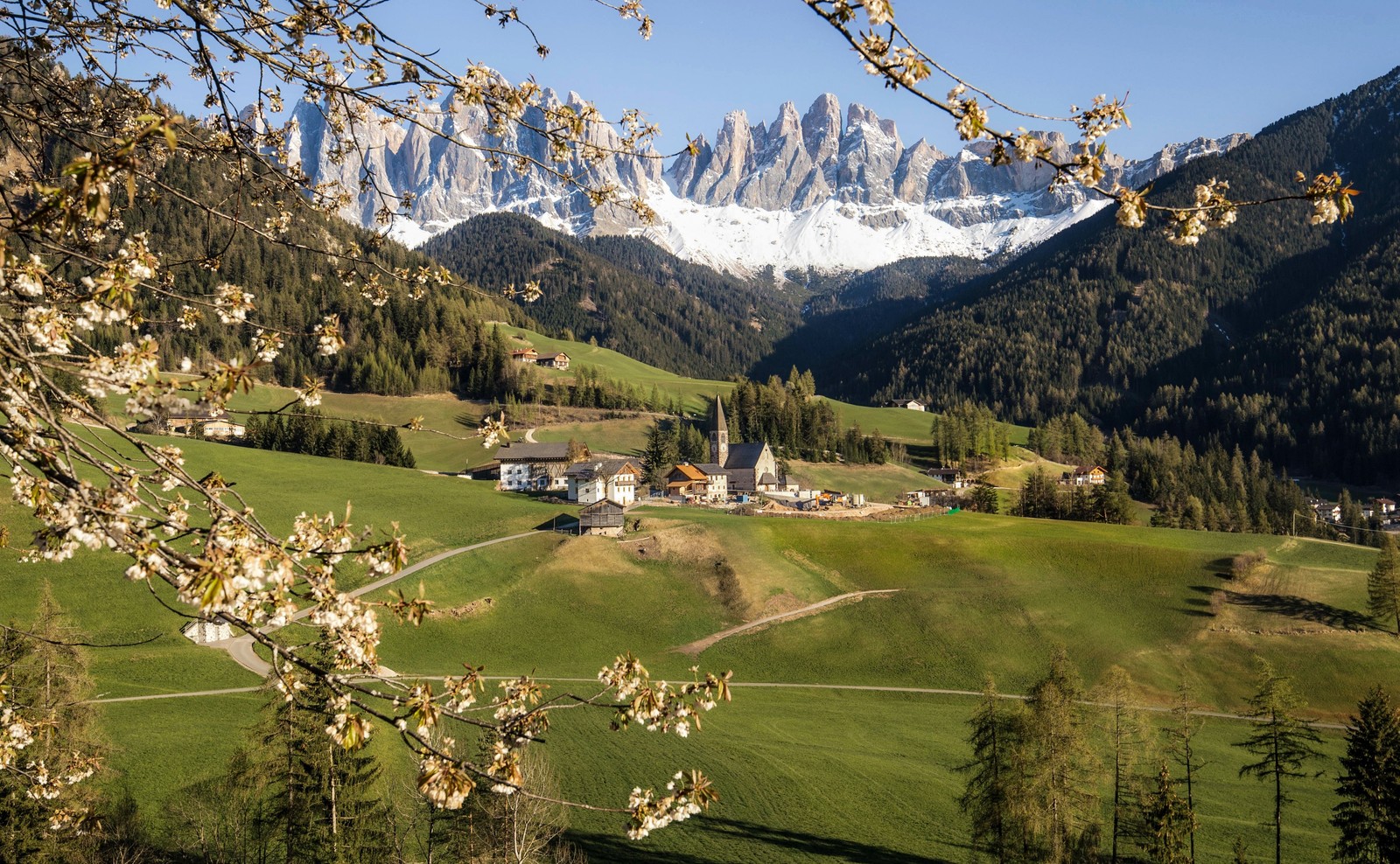 Blick auf ein kleines dorf in den bergen mit schneebedeckten gipfeln (dolomiten, dolomites, berg, pflanze, natur)