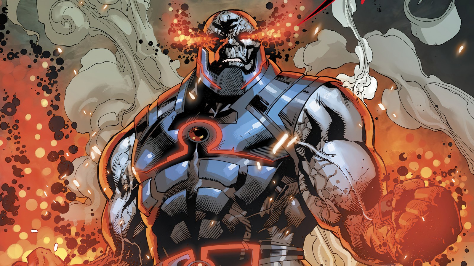 Un homme en costume avec un visage rouge et noir et un masque rouge et noir (darkseid, super vilain, dc comics, bandes dessinées)