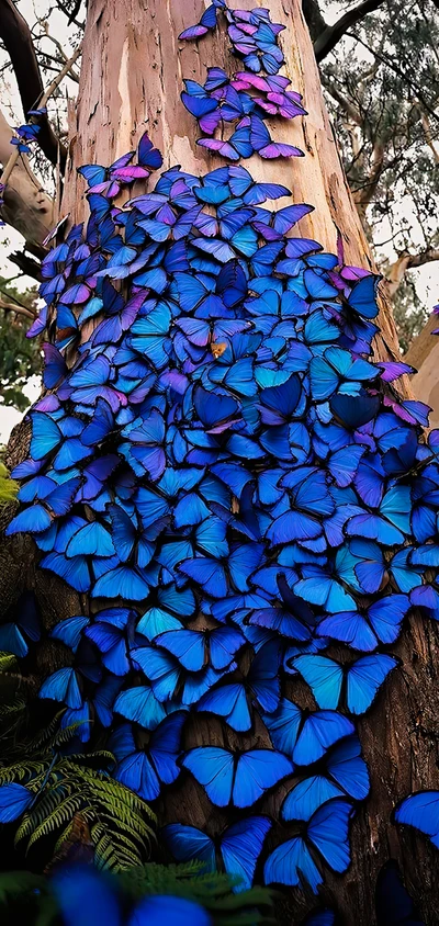 Una cascada de vibrantes mariposas azules adornando un tronco de árbol, mostrando patrones intrincados y simetría natural.