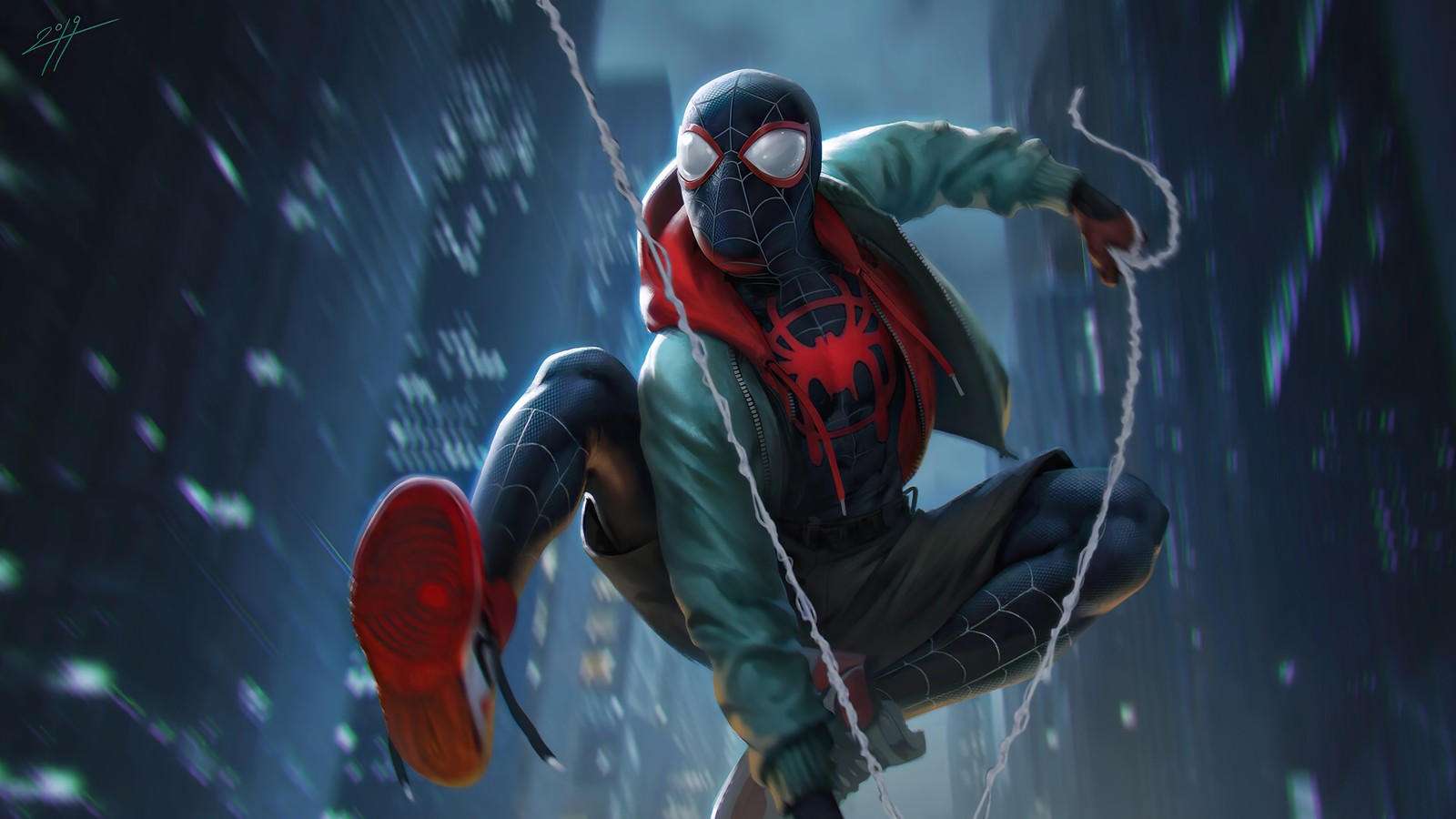 Spider-man dans une veste verte et des chaussures rouges saute dans les airs (miles morales, spider man, marvel comics, super héros, bandes dessinées)