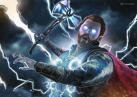 Sam Wilson como super-herói empunhando o martelo de Thor em meio a uma tempestade de relâmpagos