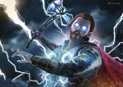 Sam Wilson como super-herói empunhando o martelo de Thor em meio a uma tempestade de relâmpagos