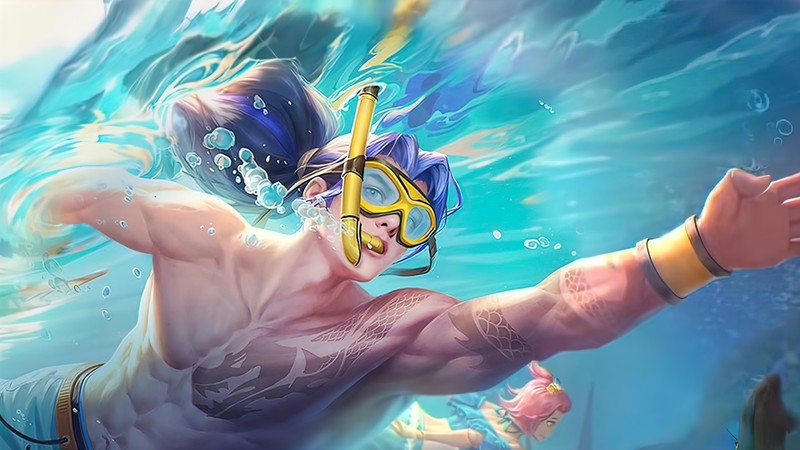 Аниме-мужчина в водолазном снаряжении с нырялкой в воде (зилонг, zilong, summer waves, mobile legends, bang bang)