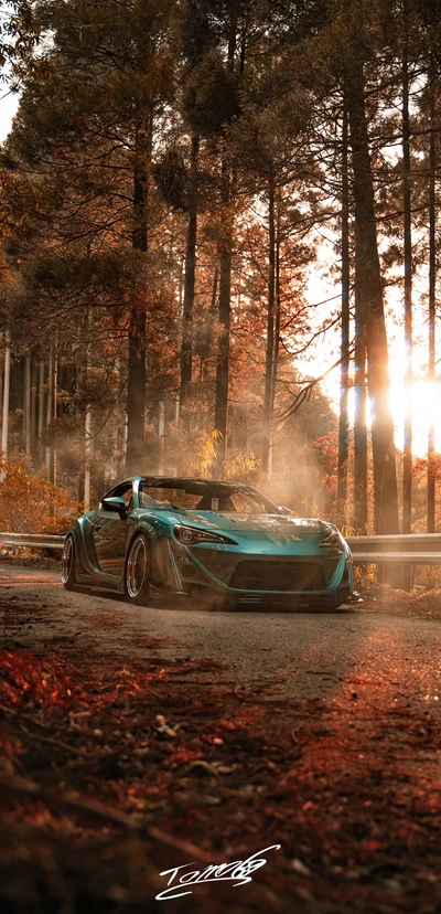 Toyota Sports Car on Dusty Asphalt Surrounded by Autumn Trees