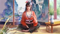 Serene Oriental Fantasy: Ein Mädchen in Traditioneller Kleidung