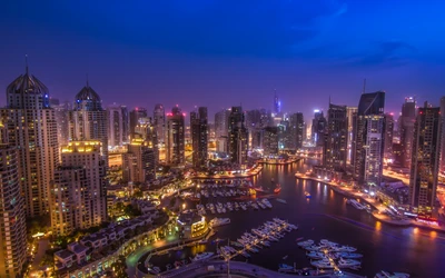 Nighttime Cityscape with Skyscrapers and Reflections in a Metropolis