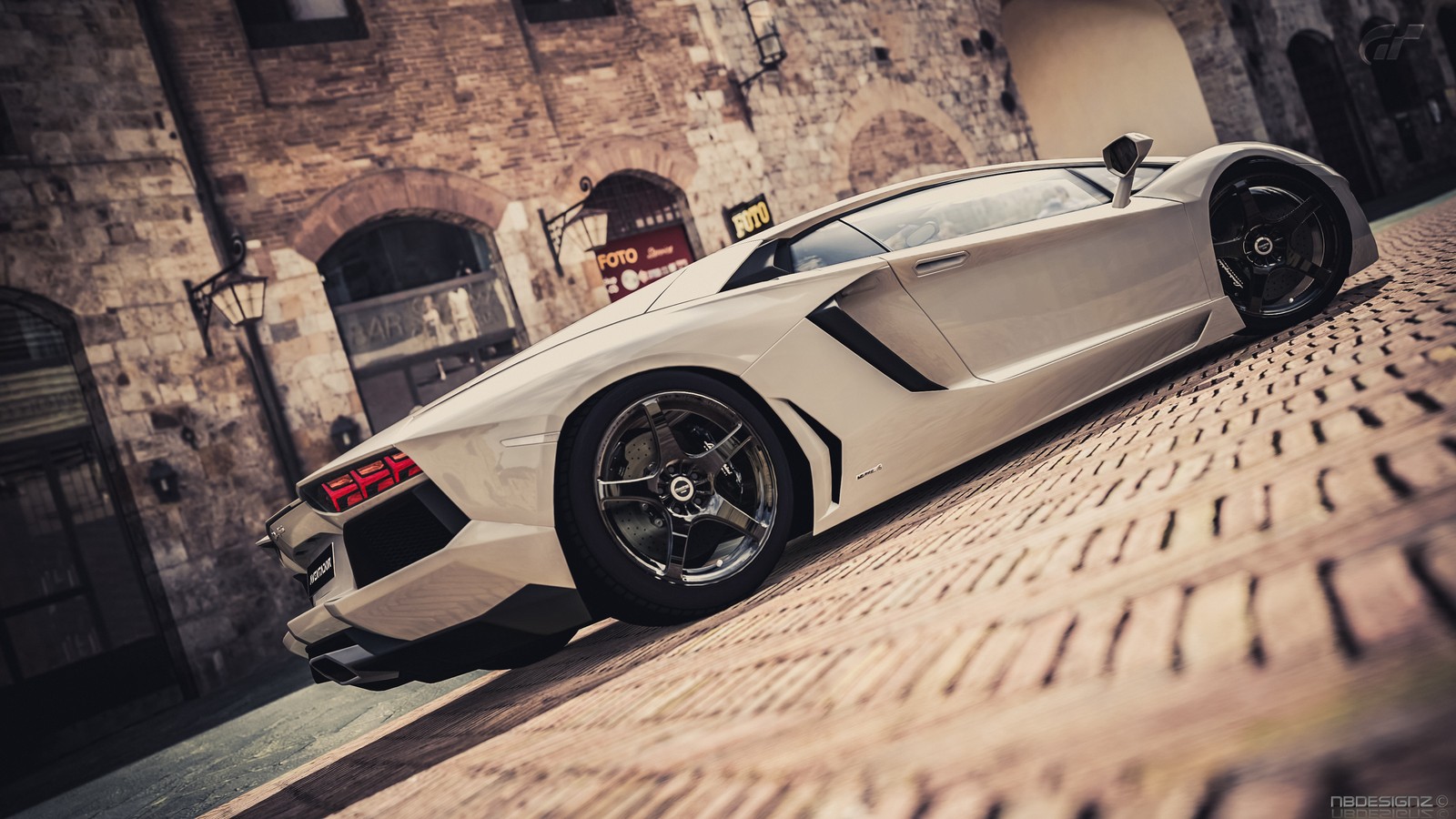 Gros plan d'une voiture de sport blanche garée sur une route en briques (lamborghini, voiture, supersportive, voiture de sport, roue)