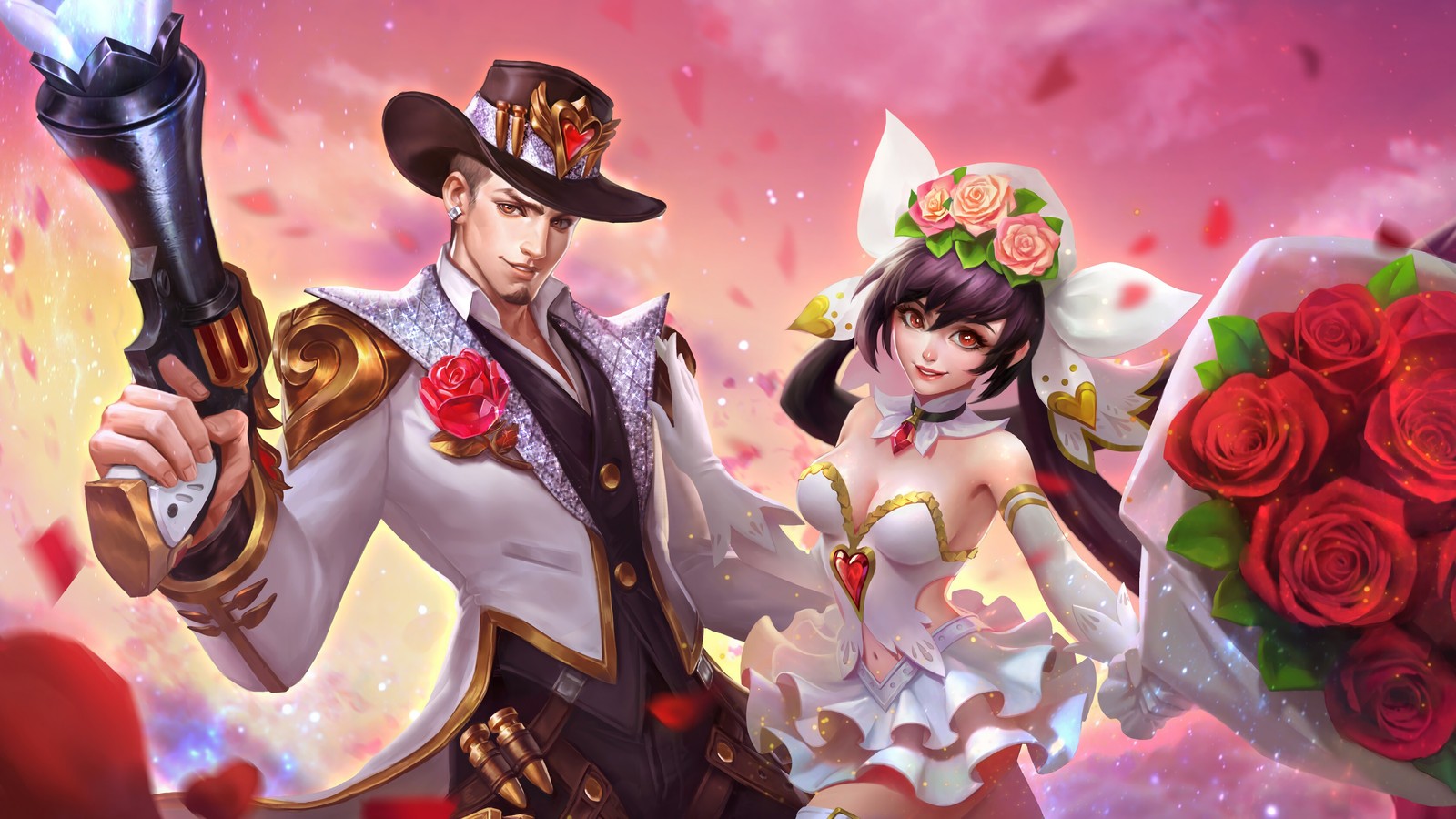 Un couple de personnages d'anime tenant des armes et des fleurs (clint, layla, mobile legends, jeu vidéo)