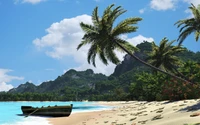 Escena de playa tropical con palmeras, un mar tranquilo y un bote de madera en la orilla.