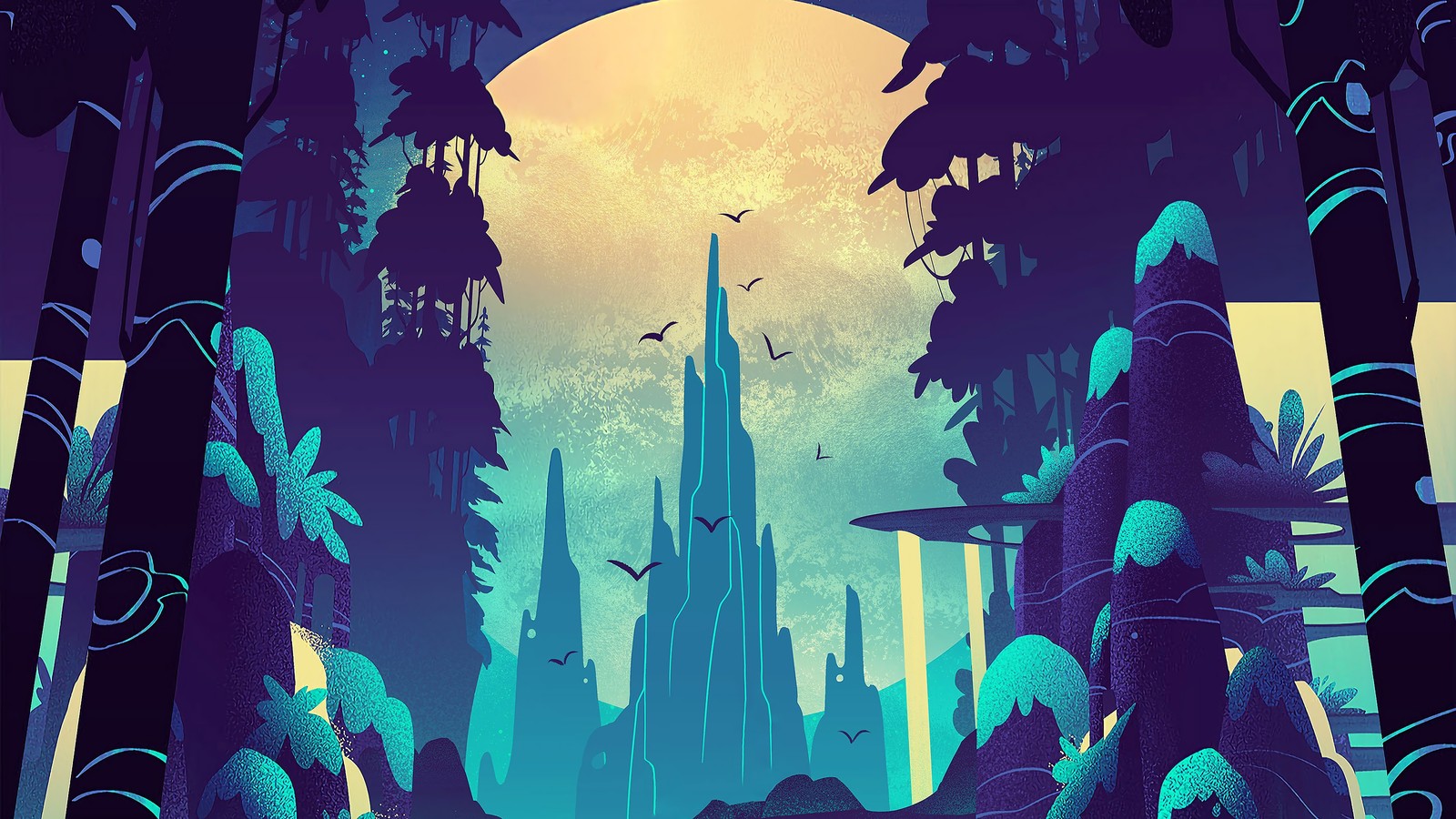 A painting of a castle in the middle of a forest (forest, moon, night, digital art)