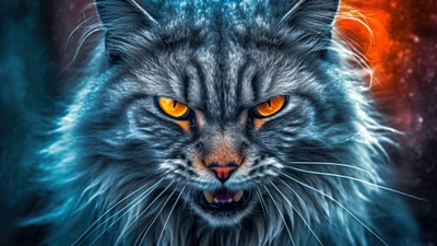 Feroz arte digital de un gato enojado con ojos de fuego