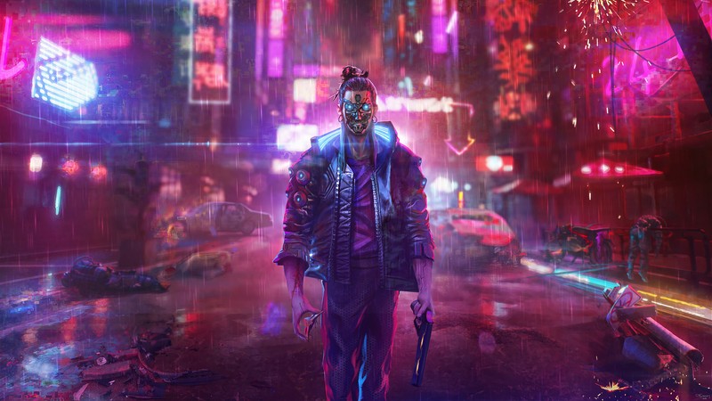 Кибер-город с мужчиной, держащим оружие и неоновым знаком (cyberpunk 2077, видеоигра, ночной город)